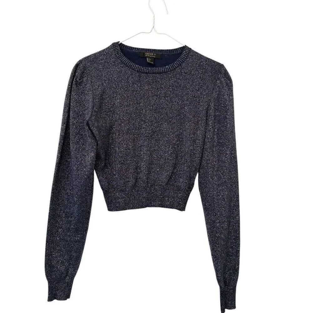 Forever 21 Cropped Fitted Long Sleeve Sparkly Metallic Silver Blue Shirt Large